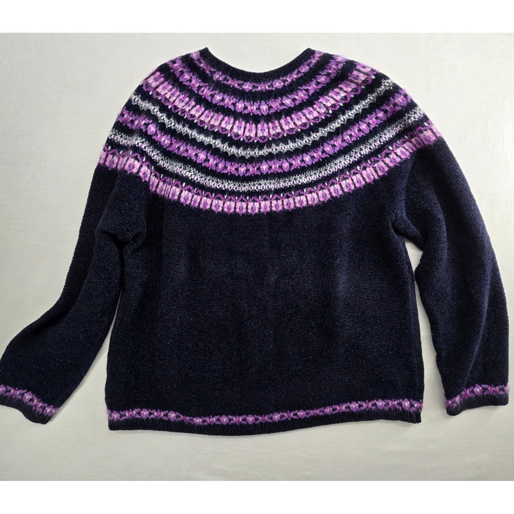 Talbots Fair Isle Pullover Sweater L Navy Purple Metallic Shimmer Crewneck - Picture 9 of 9